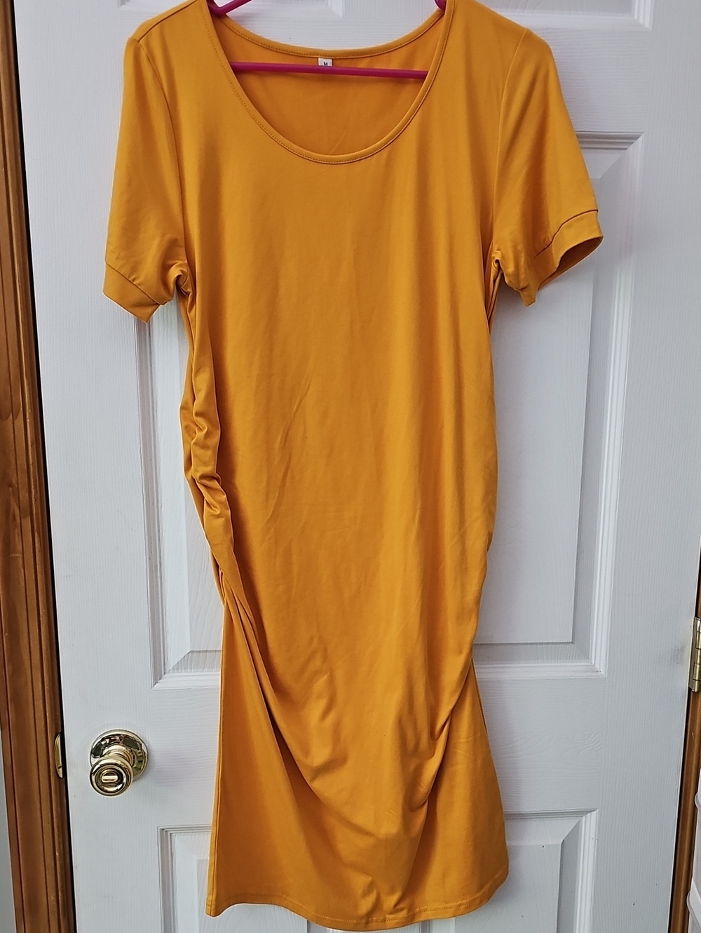 Mustard Short-Sleeve Ruched Women’s Dress